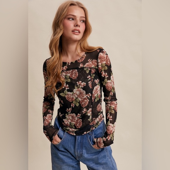 NWT Listicle Mesh Floral Long Sleeve Blouse Top Shirt - Picture 2 of 11